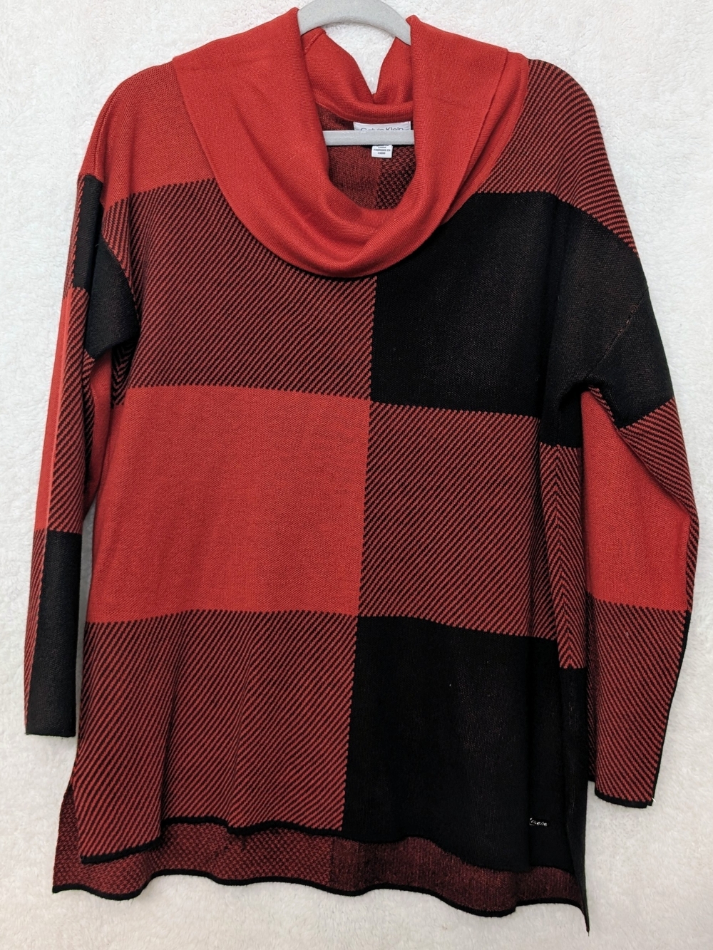 Red and Black Plaid Cowl Neck Women's Sweater